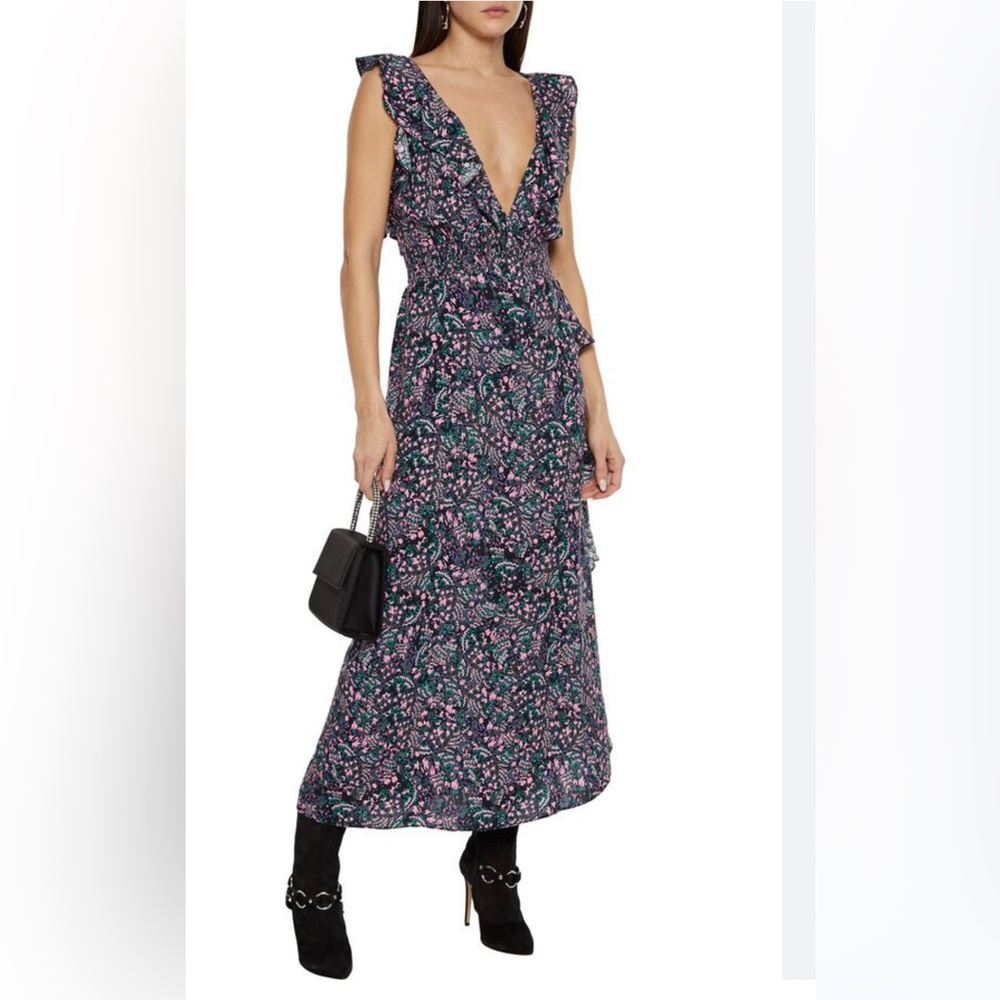 IRO NWT Santu Ruffled Shirred Crepe De Chine Maxi Dress Festival Boho